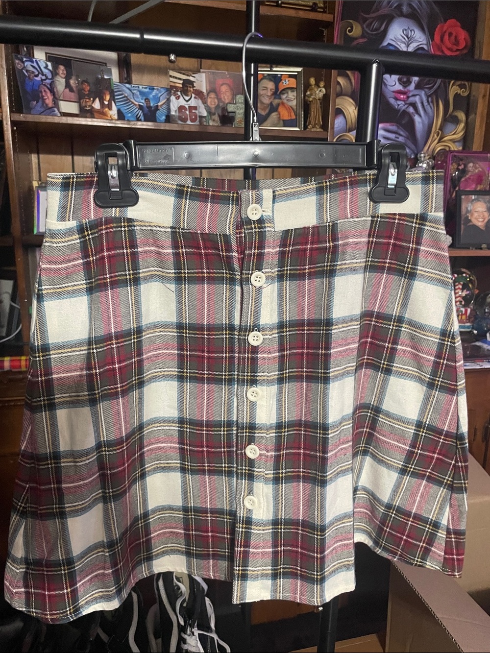 Plaid Button-Front Mini Skirt in Cream and Red